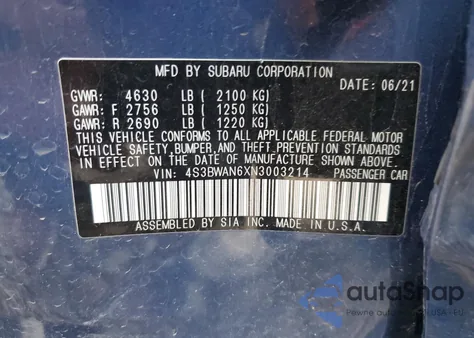 2022 Subaru Legacy Limited z USA, uszkodzony, nr VIN 4S3BWAN6XN3003214